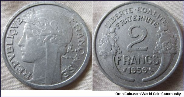 1959 2 franc, last year of issue