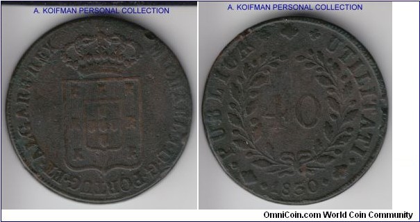 KM-391, 1830 Portugal 40 reis (pataco); bronze, plain edge; very good, typical condition of this large bronze coin.
