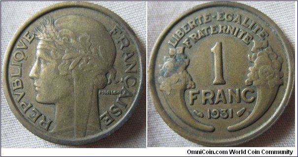 1931 1 franc, mid grade