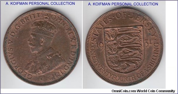 KM-15, 1931 Jersey 1/24'th of a shilling; bronze, plain edge; good uncirculated some red remaining but mostly brown.