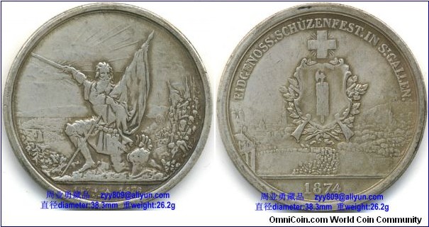 1874 Swiss Federal Shooting Festival Thaler Silver Coin, Inscription or Legends: Obverse: 1474 A 1476 ( 1474 to 1476), A. BOVV F., Reverse: EIDGENOSS. SCHUZENFEST. IN ST. GALLEN. (Translation: Federal shooting festival in St. Gallen – 1874) 