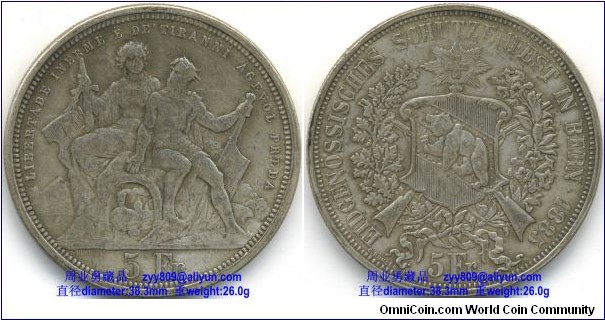 1885 Swiss Federal Shooting Festival Thaler 5 Francs Silver Coin, Inscription: Obverse: LIBERTADE INERME E DE’ TIRANNI AGEVOL PREDA 5 Fr. (Translation: Defenseless liberty is easy prey for tyrants – 5 francs), Reverse: EIDGENOSSISCHES SCHUTZENFEST IN BERN·1885·5 Fr. (Translation:Federal shooting festival in Bern 1885 – 5 francs ) C. BUHLER INV