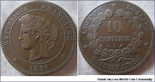 1891 A 10 centimes VF grade