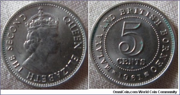 UNC 1961 K.N 5 cents from Malaya and British Borneo,
