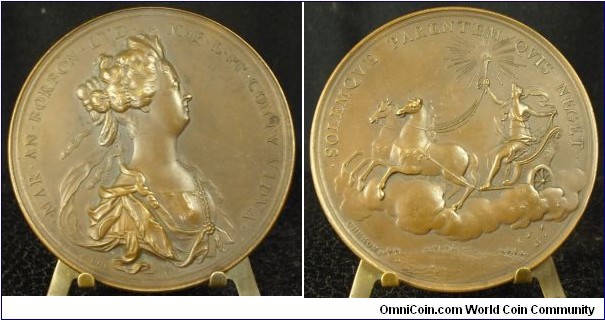 1800 o j France Marie Anne de Bourbon Solemque Parentem Quis Neget Medal by Cheron. Bronze: 69MM./118 gms.  Restrike 1900.
Obv: Bust right Legend MAR AN BORBON LVD M F PR COB TV VIDVA. Rev: Allegory Female holding torch in 2 horses chariot riding above the cloud. Legend SOLEMQVE PARETEM QVIS NEGET.
