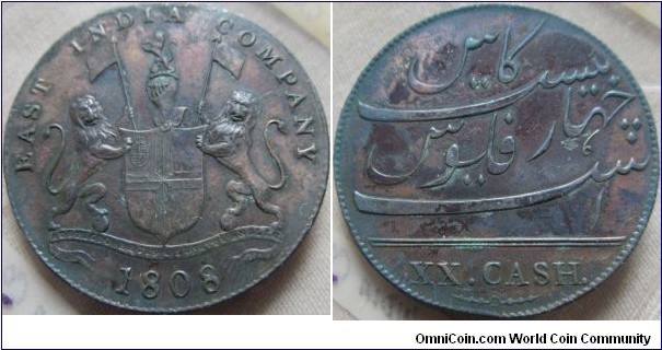 Admiral Gardener 1808 XX cash, of East India Company, slight Planchet clip