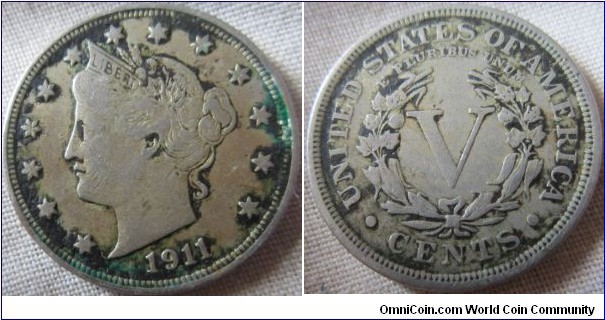 1911 V cent, Fine grade, dirty around details