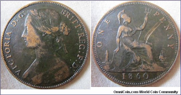 1860 penny, fair, deep graze on reverse