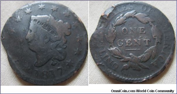1817 US cent, some damage to the coin but details are clear 13 stars