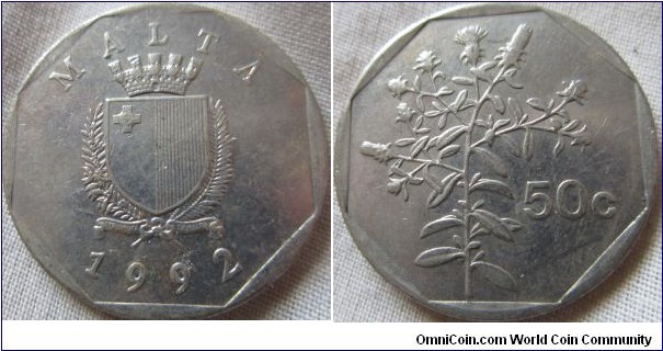 Malta 50 cents from 1992 VF grade