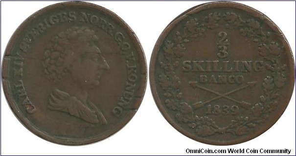 Sweden 2/3 Skilling Banco 1839 (King Carl XIV Johan  1818-1844)