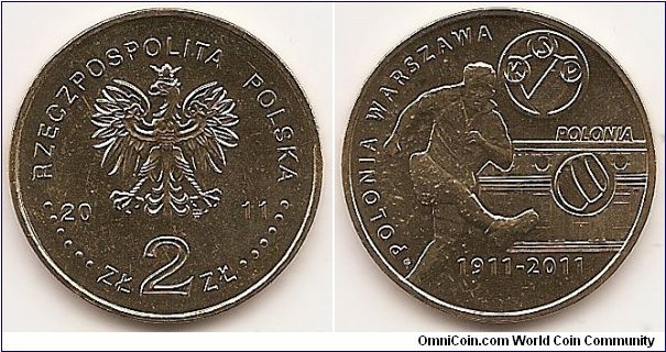 2 Zlote
Y#799
8.1500 g., Brass, 27 mm. Subject: Polish Football Clubs Obv: Image of the Eagle established as the State Emblem of the Republic of Poland, at the sides of the Eagle the notation of the year of issue, 20-11, underneath the Eagle, an inscription, ZŁ 2 ZŁ, in the rim an inscription: RZECZPOSPOLITA POLSKA, preceded and followed by six pearls. The Mint’s mark under the Eagle’s left leg: M/W Rev: A stylised image of a football player wearing football kit and kicking a ball. In the background, a stylised image of the front facade of the club building with the inscription: POLONIA. Above, the crest of the Polonia Warszawa football club. Underneath, inscription: 1911-2011. On the left-hand side, a semi-circular inscription: POLONIA WARSZAWA Edge: An inscription, NBP, eight times repeated, every second one inverted by 180 degrees, separated by stars. Obverse designer:	Ewa Tyc-Karpińska Reverse designer: Grzegorz Pfeifer