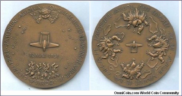 1951 France Jacqueline AURIOL record/vampire 12 May 1951 Medal by R. Joly. Bronze: 81MM.
Obv: Plane 