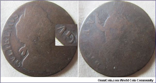 Very worn William III halfpenny, GV is struck over some differant letters, early reverse so hard to pin down the exact date, no stop after GVLIELMVS is listed under 1697