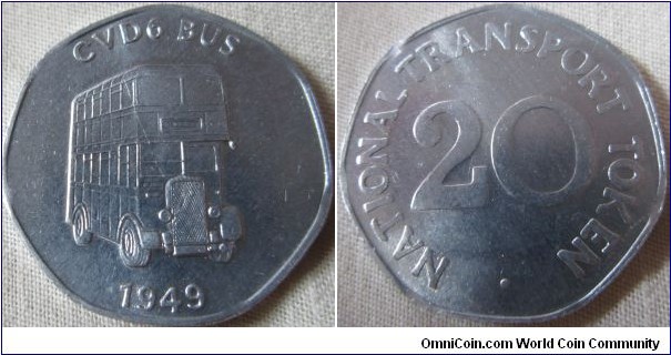 undated 20p transport token, with the picture of the CVD6 Bus with the introduction date