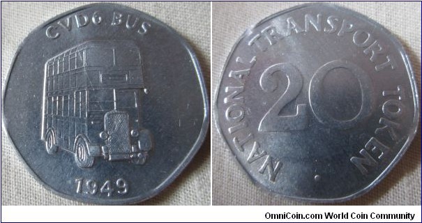 undated 20p transport token, with the picture of the CVD6 Bus with the introduction date