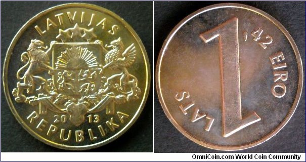 Latvia 1 lats.
2013, Paritet coin.
Exchange rate of the lats to the euro. 1 lats = 1,42 euro.