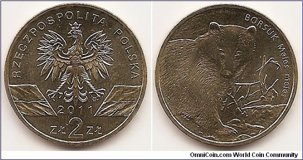 2 Zlote
Y#762
8.1500 g., Brass, 27 mm. Subject: Animals of the World Obv: An image of the eagle established as the emblem of the republic of Poland. Below the eagle, the notation of the year of issue: 2011, underneath, an inscription:zŁ 2 zŁ. On the sides of the eagle’s legs stylised images of the national flag of the republic of Poland. At the top a semicircular inscription: RZECZPOSPOLITA POLSKA (republic of Poland). the mint’s mark: M/W, under the eagle’s left leg Rev: Poland). the mint’s mark, M/W, below the eagle’s left leg. Reverse: in the centre, stylised image of the european badger against the stylised images of plants. At the top, on the right, a semicircular inscription: BORSUK Meles meles (european badger). Edge: : An inscription, NBP, eight times repeated, every second one inverted by 180 degrees, separated by stars. Obv. designer: Ewa Tyc-Karpińska Rev. designer: : Grzegorz Pfeifer