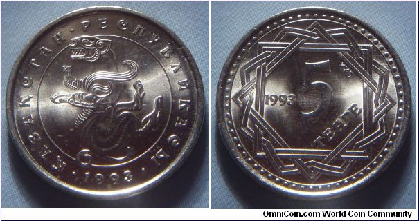 Kazakhstan | 
5 Teñge, 1993 | 
22 mm, 4.43 gr. | 
Copper-nickel | 

Obverse: Mythical animal, date below | 
Lettering: • ҚАЗАҚСТАН • РЕСПУБЛИКАСЫ • 1993 | 

Reverse: Star design, denomination inside, date left | 
Lettering: 1993 5 ТЕҢГЕ |