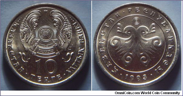 Kazakhstan | 
10 Teñge, 1993 | 
25 mm, 7.2 gr. | 
Copper-nickel | 

Obverse: National Coat of Arms, denomination below | 
Lettering: •••ҚАЗАҚСТАН• 10 ТЕҢГЕ • ҰЛЛТЫҚ БАНКІ••• | 

Reverse: Stylized double headed eagle, date below | 
Lettering: • ҚАЗАҚСТАН • РЕСПУБЛИКАСЫ • 1993 |