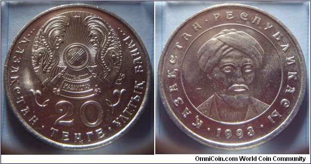 Kazakhstan | 
20 Teñge, 1993 | 
31.1 mm, 10.9 gr. | 
Copper-nickel | 

Obverse: National Coat of Arms, denomination below | 
Lettering: •••ҚАЗАҚСТАН• 10 ТЕҢГЕ • ҰЛЛТЫҚ • БАНКІ••• | 

Reverse: Äbw Nasır Är-Farabï, date below | 
Lettering: • ҚАЗАҚСТАН • РЕСПУБЛИКАСЫ • 1993 |