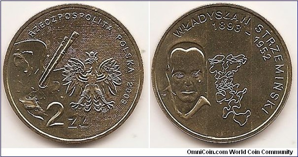 2 Zlote 
Y#705
8.1500 g., Brass, 27 mm. Subject: Polish Painters of the Turn of 19th & 20th Centuries Obv: An image of the Eagle established as the State Emblem of the Republic of Poland. On the left side, a palette and two paintbrushes. At the bottom, an inscription, 2 ZŁ, at the top, a semicircular inscription, RZECZPOSPOLITA POLSKA (Republic of Poland) and a notation of the year of issue, 2011. The Mint’s mark under the Eagle’s left leg, M/W Rev: On the left-hand side, a stylized image of the bust of Władysław Strzemiński. In the centre, a stylized image of a drawing by Władysław Strzemiński from the 1942 series ”Faces”. At the top, a semicircular inscription, WŁADYSŁAW STRZEMIŃSKI/1893–1952. Edge: : An inscription, NBP, eight times repeated, every second one inverted by 180 degrees, separated by stars. Coin designer: Ewa Tyc-Karpińska
