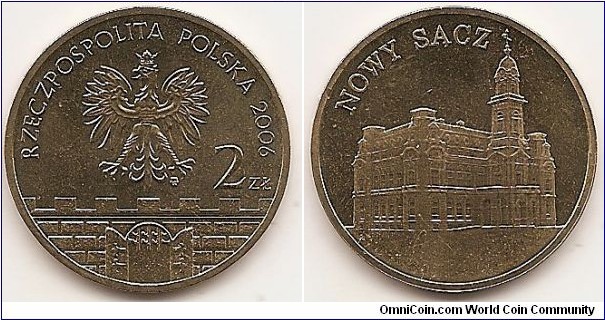 2 Zlote
Y#573
8.1500 g., Brass, 27 mm. Subject: Historical Cities in Poland Obv: In the central part of the image of the Eagle established as the State Emblem of the Polish Republic. On the right side the inscription: 2Zł. A semicircular inscription: RZECZPOSPOLITA POLSKA and the year of issue, 2006. Below the Eagle, a stylized fragment of the old city wall with battlements and from the gateway of the gaping gate, with a raised trellis in the lumen. Under the left talon of the Eagle the Mint mark: MW Rev: In the central part of the image of the town hall in Nowy Sącz. At the top left of the semicircular inscription: NOWY SĄCZ. Edge: an inscription: NBP, repeated eight times, every second one inverted by 180 degrees, separated by stars. Obv. designer: Ewa Tyc-Karpińska Rev. designer: Roussanka Nowakowska