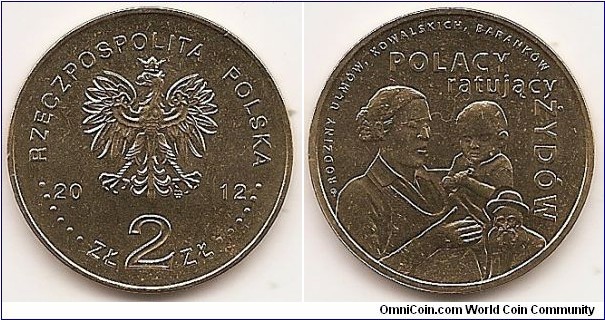 2 Zlote
Y#813
8.1500 g., Brass, 27 mm. Subject: Poles rescuing the Jews. Obv: Image of the Eagle established as the State Emblem of the Republic of Poland, at the sides of the Eagle the notation of the year of issue, 20-12, underneath the Eagle, an inscription, ZŁ 2 ZŁ, in the rim an inscription: RZECZPOSPOLITA POLSKA, preceded and followed by six pearls. The Mint’s mark under the Eagle’s left leg: M/W Rev: Centrally, a stylised image of a woman holding a child. Above, an inscription: POLACY/ratujący (Poles rescuing), and on the right, perpendicularly, an inscription: ŻYDÓW (the Jews). At the bottom, on the right, a stylised image of a bust of a man. At the top, in semicircle, an inscription: RODZINY ULMÓW, KOWALSKICH, BARANKÓW (THE FAMILIES OF ULMA, KOWALSKI, BARANEK). Edge: An inscription, NBP, eight times repeated, every second one inverted by 180 degrees, separated by stars. Obv. designer: Ewa Tyc-Karpińska Rev. designer: Grzegorz Pfeifer
