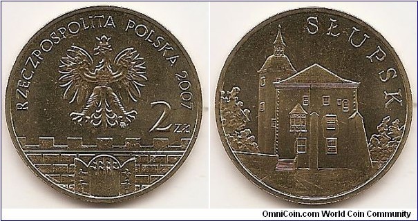 2 Zlote
Y#620
8.1500 g., Brass, 27 mm. Subject: Historical Cities in Poland Obv: In the central part of the image of the Eagle established as the State Emblem of the Polish Republic. On the right side the inscription: 2Zł. A semicircular inscription: RZECZPOSPOLITA POLSKA and the year of issue, 2007. Below the Eagle, a stylized fragment of the old city wall with battlements and from the gateway of the gaping gate, with a raised trellis in the lumen. Under the left talon of the Eagle the Mint mark: MW Rev: The image of the Pomeranian Dukes Castle in Slupsk. On the left and on the right stylized images of green. At the top right of the semicircular inscription: SŁUPSK. Edge: an inscription: NBP, repeated eight times, every second one inverted by 180 degrees, separated by stars. Obv. designer: Ewa Tyc-Karpińska Rev. designer: Roussanka Nowakowska