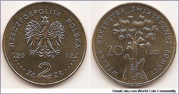 2 Zlote
Y#809
8.1500 g., Brass, 27 mm. Subject: 20 Years with the Great Orchestra of Christmas Charity. Obv: Image of the Eagle established as the State Emblem of the Republic of Poland, at the sides of the Eagle the notation of the year of issue, 20-12, underneath the Eagle, an inscription, ZŁ 2 ZŁ, in the rim an inscription: RZECZPOSPOLITA POLSKA, preceded and followed by six pearls. The Mint’s mark under the Eagle’s left leg: M/W Rev: In the centre, a stylised image of a guitar, the upper part of the fingerboard made of stylised images of hearts. On the left of the fingerboard, inscription: 20, on the right, inscription: Lat (years). Along the rim, inscription: WIELKA ORKIESTRA ŚWIĄTECZNEJ POMOCY (Great Orchestra of Christmas Charity). Edge: An inscription, NBP, eight times repeated, every second one inverted by 180 degrees, separated by stars. Obv. designer: Ewa Tyc-Karpińska Rev. designer: Urszula Walerzak