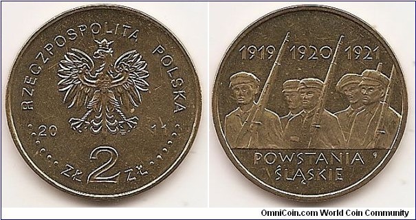 2 Zlote
Y#792
8.1500 g., Brass, 27 mm. Subject: Silesian Uprisings. Obv: Image of the Eagle established as the State Emblem of the Republic of Poland, at the sides of the Eagle the notation of the year of issue, 20-11, underneath the Eagle, an inscription, ZŁ 2 ZŁ, in the rim an inscription: RZECZPOSPOLITA POLSKA, preceded and followed by six pearls. The Mint’s mark under the Eagle’s left leg: M/W Rev: Stylised images of Silesian insurgents. At the top, inscription: 1919 1920 1921. At the bottom, inscription: POWSTANIA/ ŚLĄSKIE. Edge: An inscription, NBP, eight times repeated, every second one inverted by 180 degrees, separated by stars. Obv. designer: Ewa Tyc-Karpińska Rev. designer: Grzegorz Pfeifer