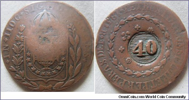 1831 Counterstamped 80 reis, revalued to 40.
