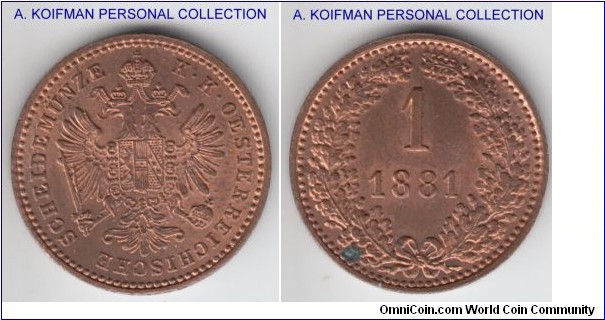 KM-2186, 1881 Austria kreuzer, copper, plain edge; red-brown uncirculated but a spot.