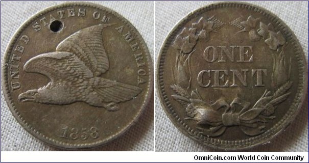 1858 cent, VF details sadly holed
