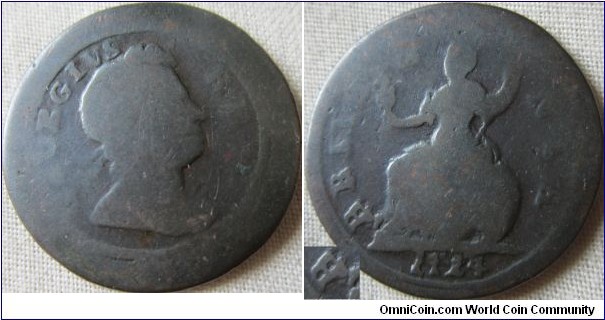 very worn 1724 farthing possible B in Britannia over another B 