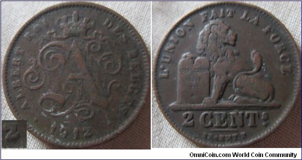 belgium 1912/1 2 cents, french legend