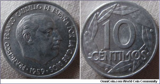 1959 10 centimos VF grade, with Die crack on obverse