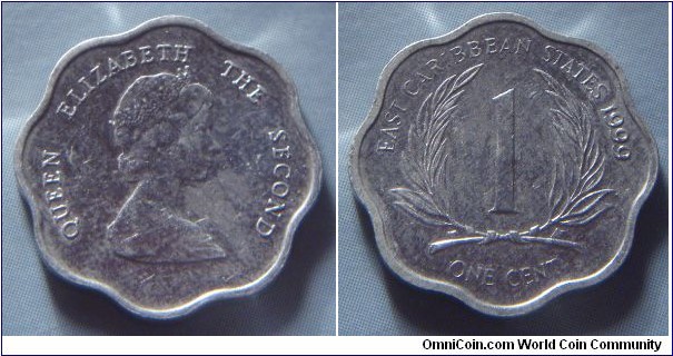 East Caribbean States | 
1 Cent, 1999 | 
18.47 mm, 0.8 gr. | 
Aluminium | 

Obverse: Queen Elizabeth II facing right | 
Lettering: QUEEN ELIZABETH THE SECOND | 

Reverse: Denomination flanked by palmtree fronds, date right | 
Lettering: EAST CARIBBEAN STATES 1999 1 ONE CENT |