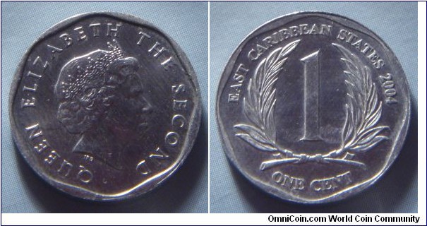 East Caribbean States | 
1 Cent, 2004 | 
18.42 mm, 1.03 gr. | 
Aluminium | 

Obverse: Queen Elizabeth II facing right | 
Lettering: QUEEN ELIZABETH THE SECOND | 

Reverse: Denomination flanked by palmtree fronds, date right | 
Lettering: EAST CARIBBEAN STATES 2004 1 ONE CENT |
