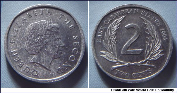 East Caribbean States | 
2 Cents, 2004 | 
21.46 mm, 1.42 gr. | 
Aluminium | 

Obverse: Queen Elizabeth II facing right | 
Lettering: QUEEN ELIZABETH THE SECOND | 

Reverse: Denomination flanked by palmtree fronds, date right | 
Lettering: EAST CARIBBEAN STATES 2004 2 TWO CENTS |
