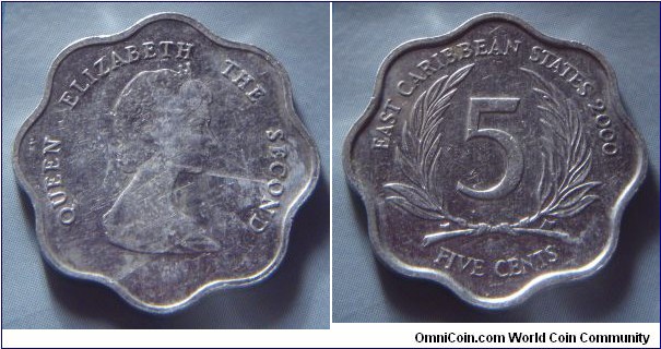 East Caribbean States | 
5 Cents, 2000 | 
23.1 mm, 1.31 gr. | 
Aluminium | 

Obverse: Queen Elizabeth II facing right | 
Lettering: QUEEN ELIZABETH THE SECOND | 

Reverse: Denomination flanked by palmtree fronds, date right | 
Lettering: EAST CARIBBEAN STATES 2000 5 FIVE CENTS |