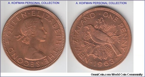 KM-24.2, 1963 New Zealand penny; bronze, plain edge; red uncirculated.