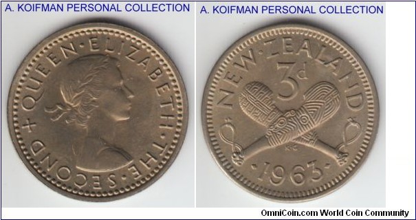 KM-25.2, 1963 New Zealand 3 pence; copper-nickel, plain edge; brilliant uncirculated specimen.
