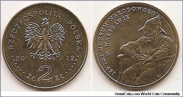 2 Zlote
Y#821
8.1500 g., Brass, 27 mm. Subject: 150 Years of the National Museum in Warsaw. Obv: Image of the Eagle established as the State Emblem of the Republic of Poland, at the sides of the Eagle the notation of the year of issue, 20-12, underneath the Eagle, an inscription, ZŁ 2 ZŁ, in the rim an inscription: RZECZPOSPOLITA POLSKA, preceded and followed by six pearls. The Mint’s mark under the Eagle’s left leg: M/W Rev: On the right, stylised image of sitting Stańczyk, a court jester of Polish kings, from Jan Matejko painting “Stańczyk”. On the left, semicircular inscription: 150 LAT MUZEUM NARODOWEGO/W WARSZAWIE (150 years of the National Museum/in Warsaw). Edge: An inscription, NBP, eight times repeated, every second one inverted by 180 degrees, separated by stars. Coin designer: Ewa Tyc-Karpińska