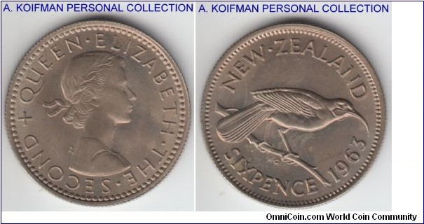 KM-26.2, 1963 New Zealand 6 pence; copper-nickel, reeded edge; nice brillian uncirculated coin.