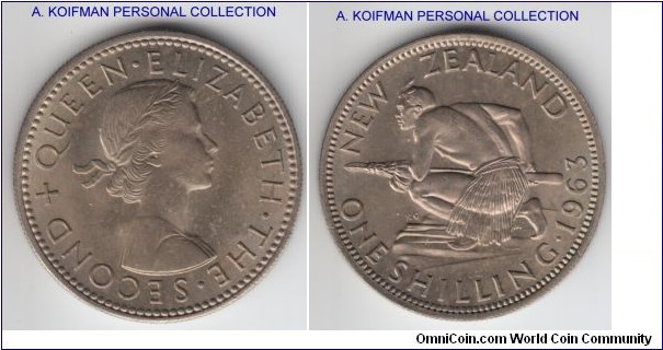 KM-27.2, 1963 New Zealand shilling; copper-nickel, reeded edge; good looking uncirculated, some toning spots.