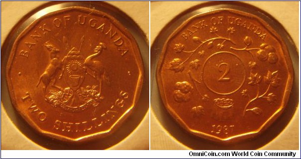 Uganda | 
2 Shillings, 1987 | 
24 mm, 8 gr. | 
Copper plated Steel |  

Obverse: National Coat of Arms, denomination below | 
Lettering: • BANK OF UGANDA • TWO SHILLINGS | 

Reverse: Four different sprigs and bag of produce, denomination middle, date below | 
Lettering: BANK OF UGANDA 2 1987 |