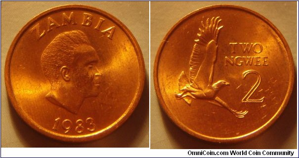 Zambia | 
2 Ngwee, 1983 | 
21.1 mm, 4.19 gr. | 
Copper clad Steel | 

Obverse: First president of Zambia, Kenneth Kaunda facing right, date below | 
Lettering: ZAMBIA 1983 | 

Obverse: Martial Eagle, denomination right | 
Lettering: TWO NGWEE 2 |