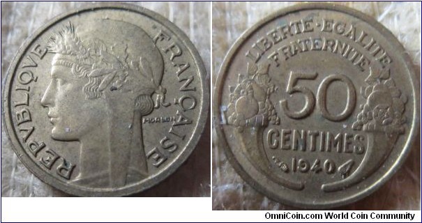 1940 50 centimes EF grade, brass type