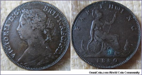 1880 farthing, F grade verd spot on reverse